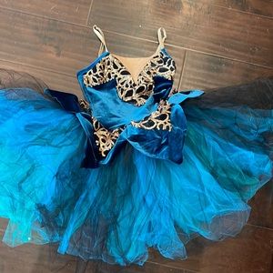 Ballerina costume green and black with gold sequins. Leotard with attached tutu